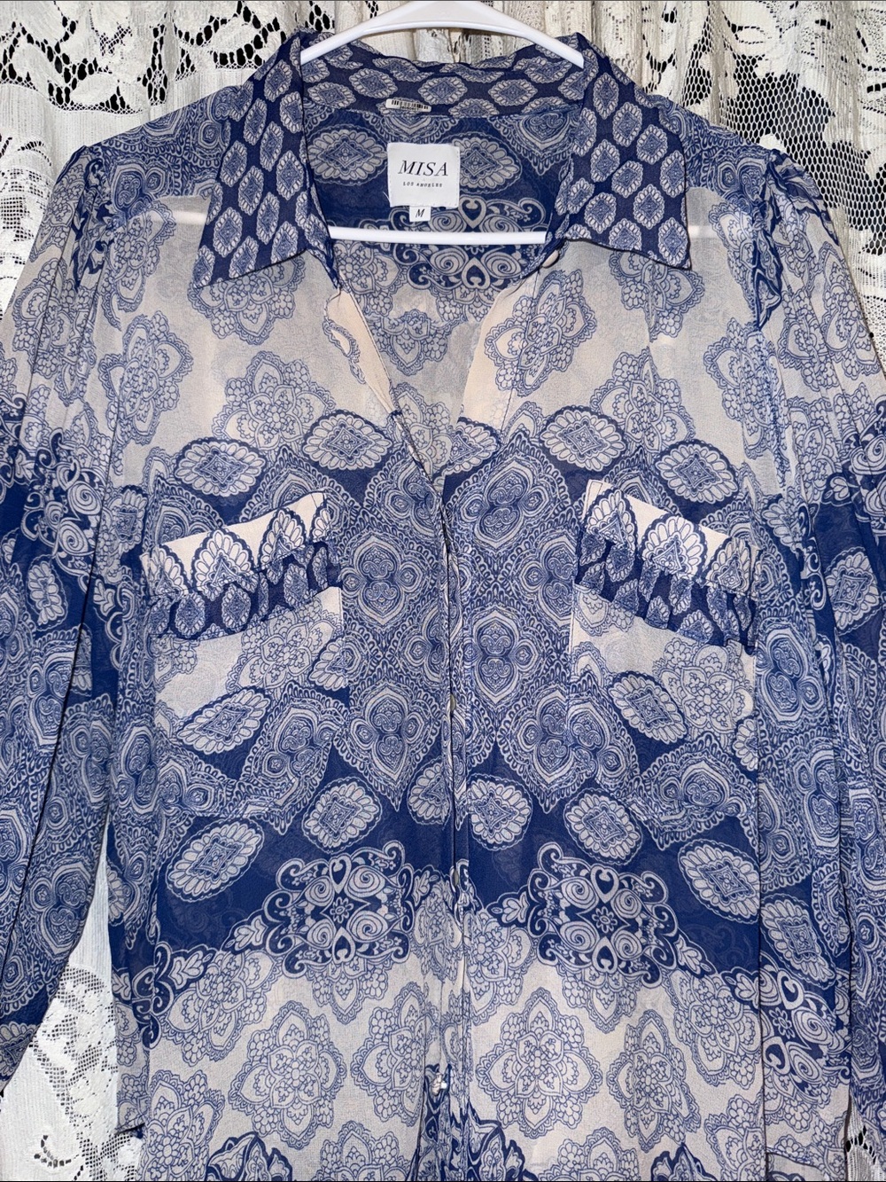 Misa Los Angeles Navy Paisley Sheer Button-Front Blouse - Picture 3 of 8